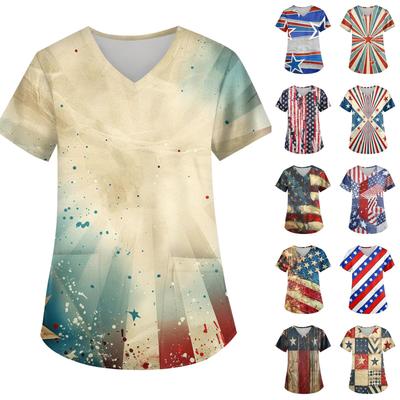 Modisches V-Ausschnitt-Taschen-Kurzarm-Uniform- und Pflegekraft-Oberteil für Damen mit Aufdruck zum Unabhängigkeitstag