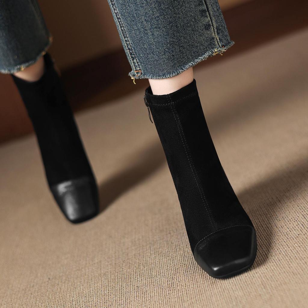 Krazing Pot Microfiber Winter Round Toe Western Boots Thick High Heels Zipper Women Flock Patch Work Ankle Boots