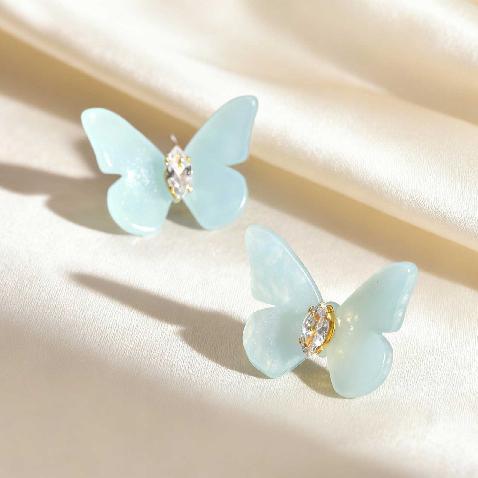 

Light Blue Resin Zircon Butterfly Earrings,Women s Gold Plated Stainless Steel Detachable Stud Earrings,Chic Accessories Gifts