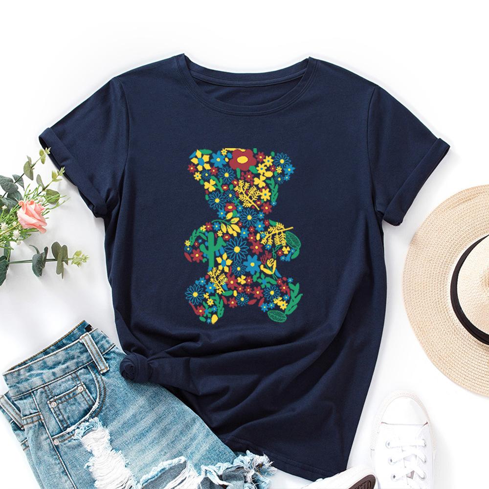

Fashion Cartoon Bear Cotton T-Shirt Short Sleeve Round Neck Women 2d Print Tops S