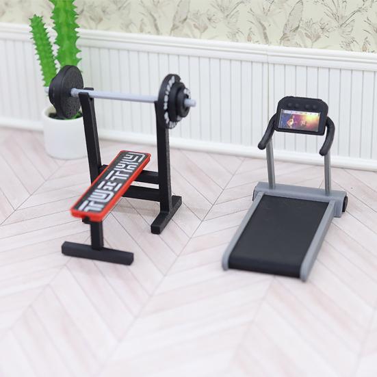 Miniaturowy Sprzęt Fitness Mini Bieżnia Maszyna do Biegania Ławka do Wyciskania Sztanga Zabawka Miniaturowy Model Sprzętu Siłowni Akcesoria do Dekoracji Domku dla Lalek 1/12