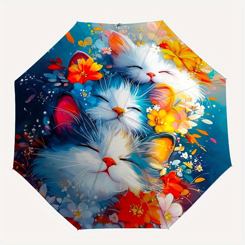 1pc Two Cats Surrounded by Colorful Flowers Automatic Opening and Closing Cartoon Umbrella - Small Umbrella Suitable for Various Occasions Y094