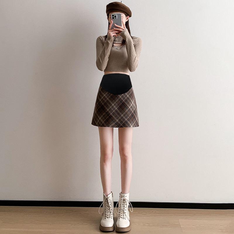 

Red Plaid Wool A-Line Maternity Skirt - Hip-Hugging, Short, Autumn/Winter 2025 Style for Petite Women 2XL
