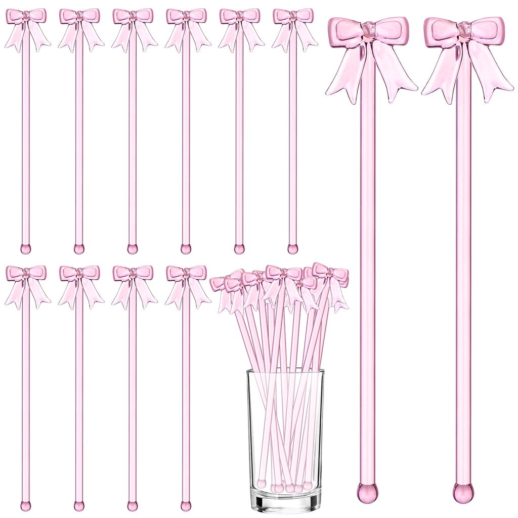 20 Pack Glass Swizzle Stick Coffee Cocktail Juice Milk Drink Swizzle Stick Pink Bow Glass Stir 7.24" For Coquette Themed Drinks,,