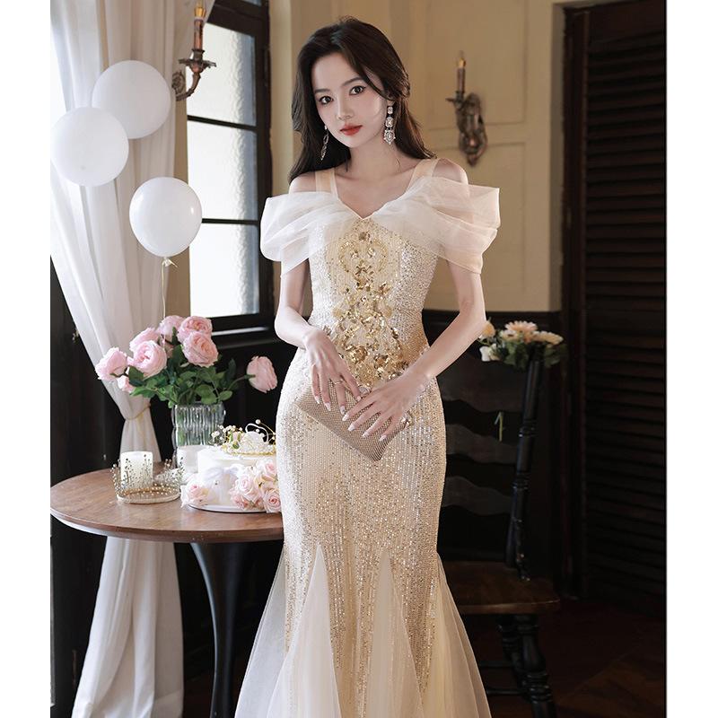 Champagne Sequined Evening Dress Skirt   New One-word Shoulder Waist Fishtail Light Luxury Niche Hosting Banquet Dress