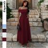 Abito Lungo da Donna Autunno Primavera Bordo Off-the-Shoulder Vita Alta Linea A con Tasche