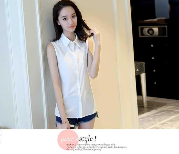 Dámská bílá košile bez rukávů slim fit s klopami ve velkých velikostech - Všestranná a jednoduchá základní košile pro OL