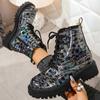 Large size short boots women's autumn and winter new printed round head lace-up low-heeled high-top Martin boots women's boots