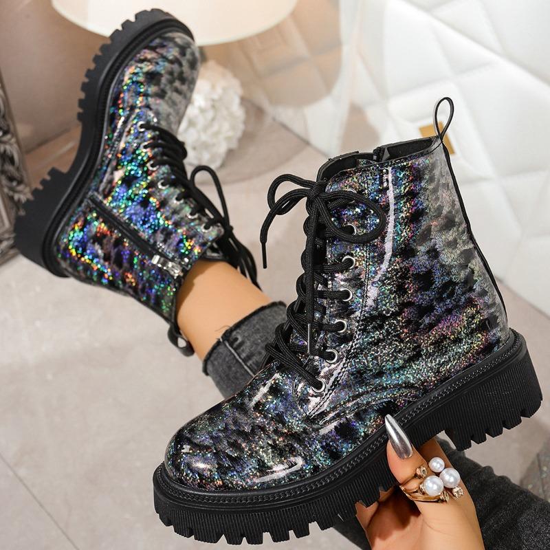 Large size short boots women's autumn and winter new printed round head lace-up low-heeled high-top Martin boots women's boots