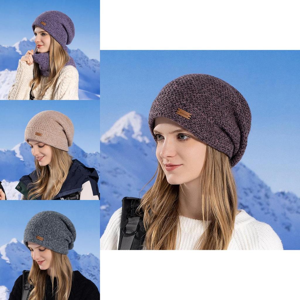 Womens Knitted Hat And Neck Warmer Set With Fleece Lining For Winter Cold Weather