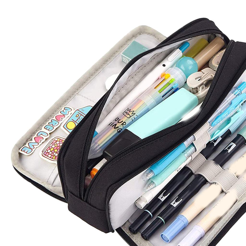 Pencil Pouch With 3 Compartments Large Capacity Double Opening Soft Canvas Dustproof Zipper Pencil