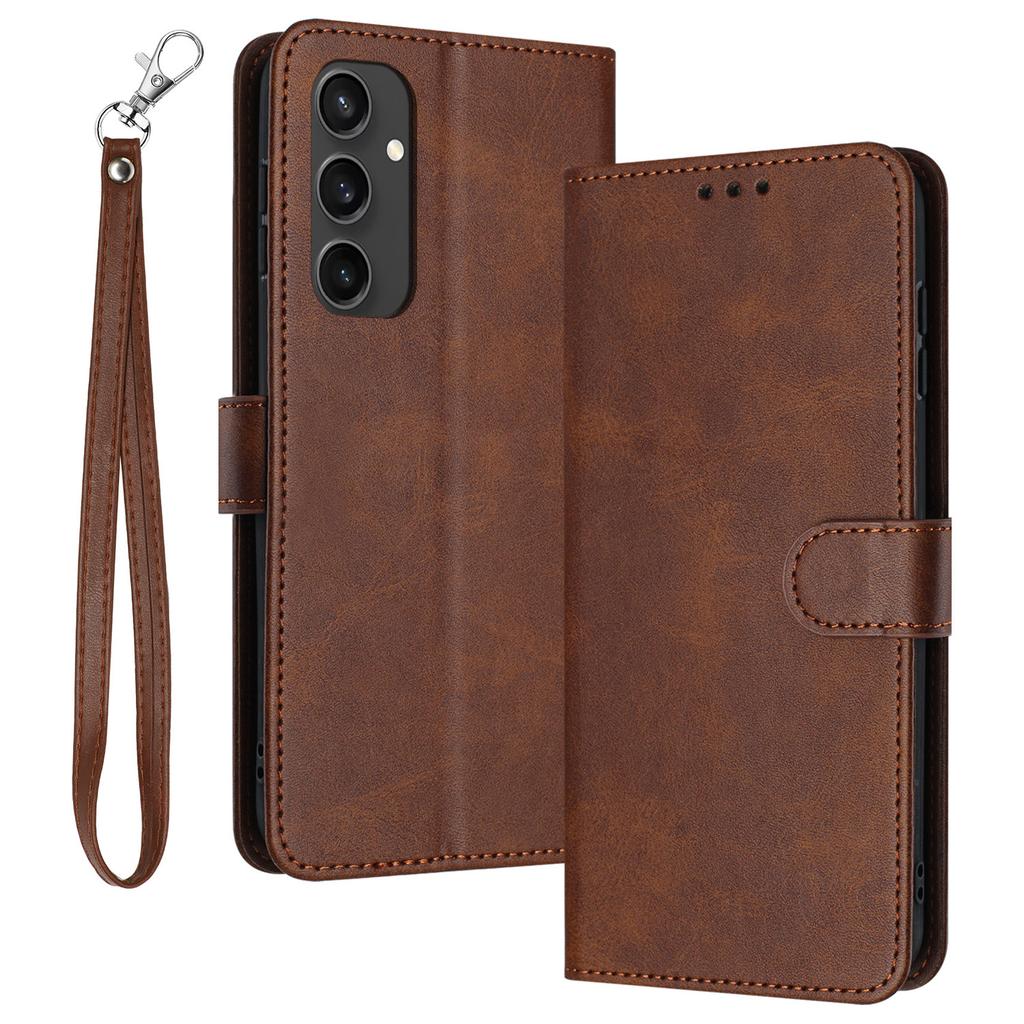 For Samsung Galaxy S24 FE Case PU Leather Purse Calf Texture Phone Cover with Hand Strap