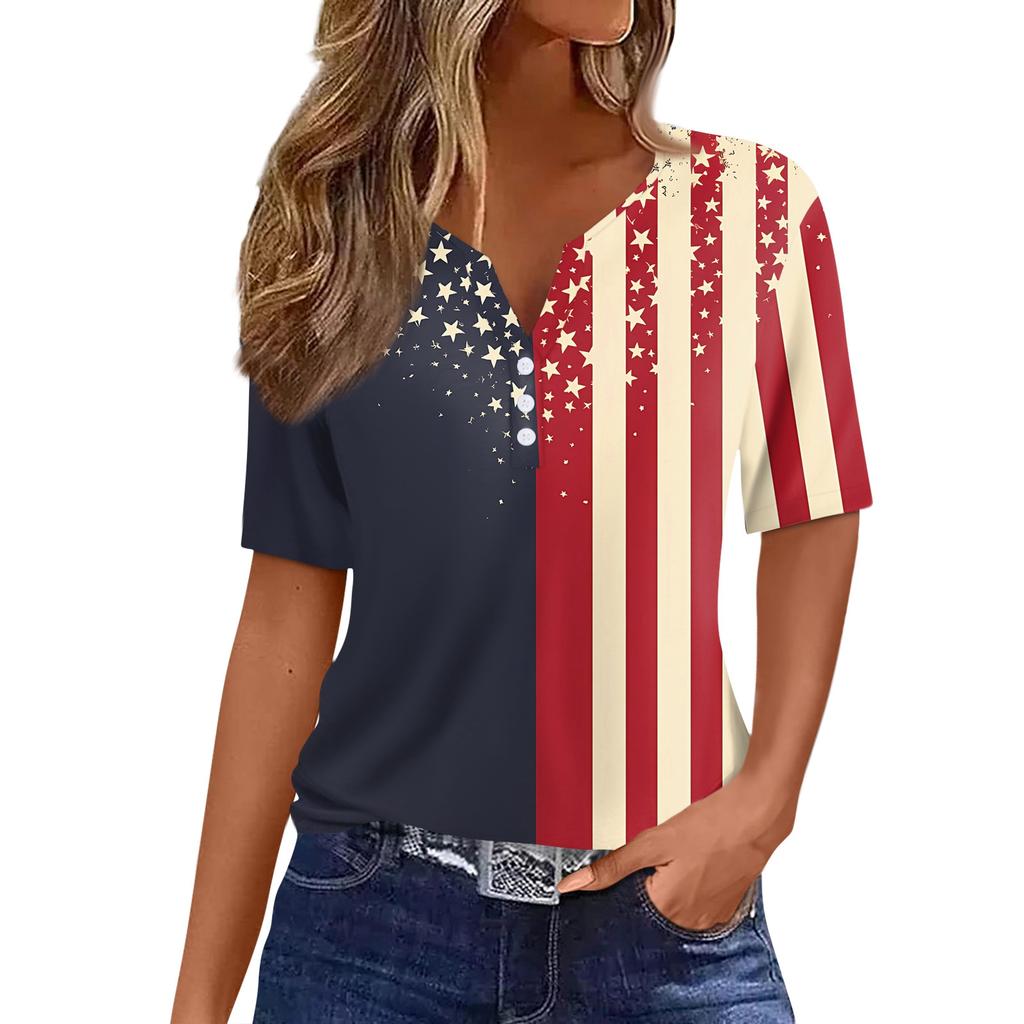 Women's T Shirt Independence Day Print Button Short Sleeve Daily Weekend Fashion Basic V- Neck Regular Top