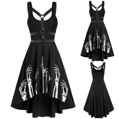 Womens Lolita Dress Skull Print Vintage Gothic Punk Style Strap Slim Fit Big Swing Hepburn Dress Cosplay Costumes
