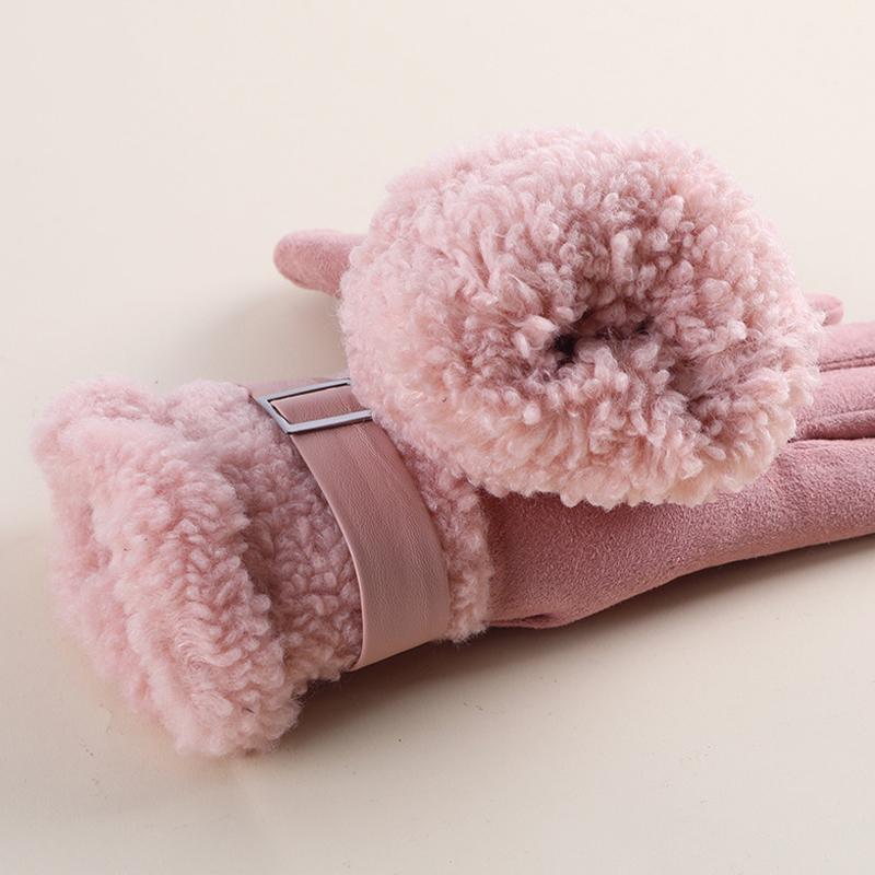 Plush Cuff Metal Buckle Suede Gloves Solid Color Thickened Warm Gloves Women's Stylish Versatile Cold-proof Gloves