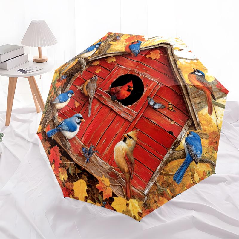 1 PC Automatic Folding Umbrella - Autumn Birdhouse Birds Pattern, Portable & Foldable Design with 8 Ribs, Christmas Birthday Gifts
