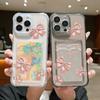 Solid Color Bowknot Print Transparent Card Slot Phone Case For iPhone 16 15 Pro 14 Pro Max 13 12 11 Clear Shockproof Slim Soft Silicone Bumper Cover
