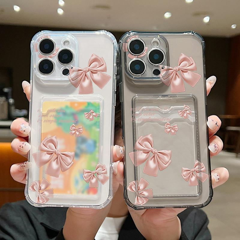 Solid Color Bowknot Print Transparent Card Slot Phone Case For iPhone 16 15 Pro 14 Pro Max 13 12 11 Clear Shockproof Slim Soft Silicone Bumper Cover