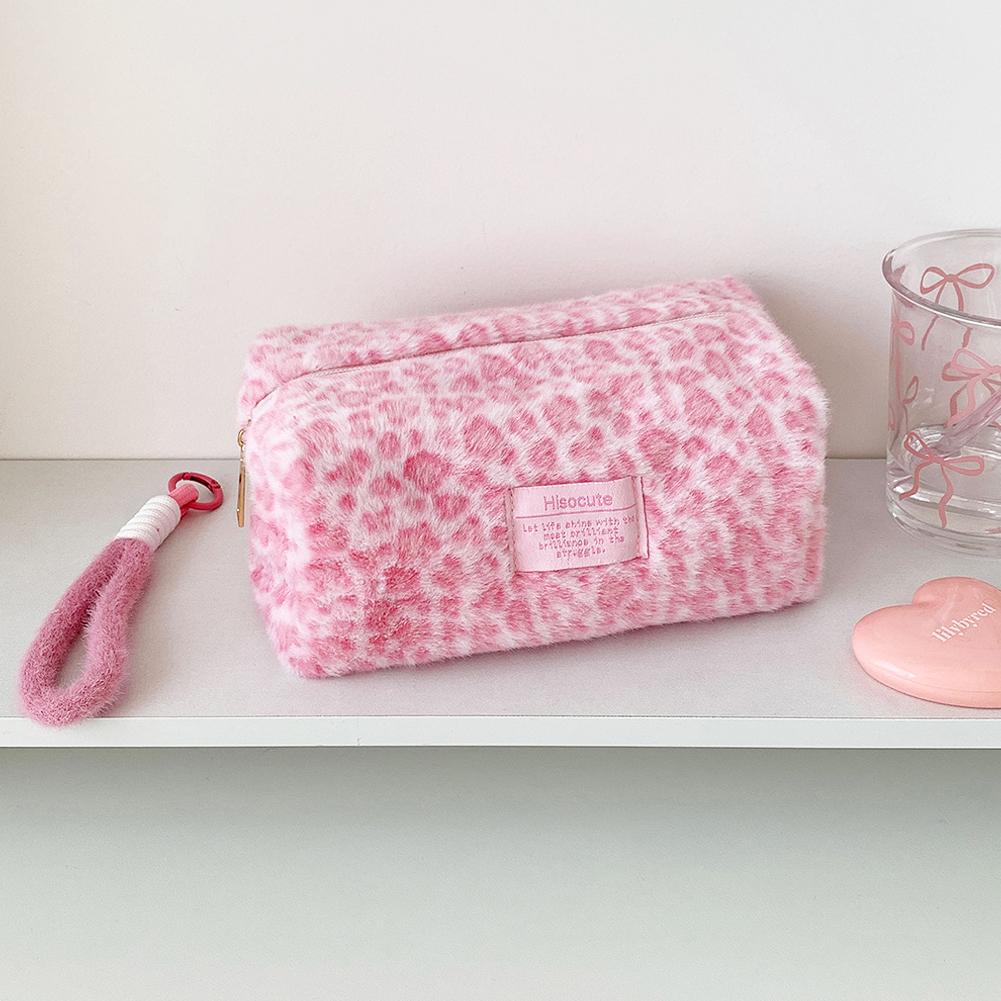 Leopard Print Plush Makeup Bags with Handle Portable Travel Cosmetic Storage Bag Toilet Bag Cute Pencil Case Fashion Handbag
