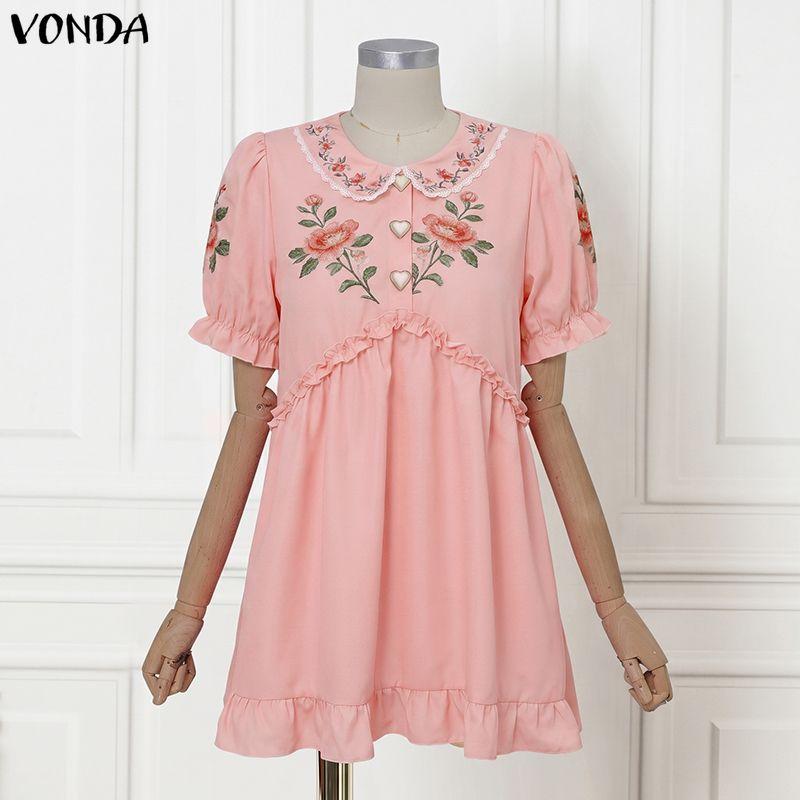 VONDA Women Short Sleeve Ruffle Floral Print Casual A-Line Mini Dress