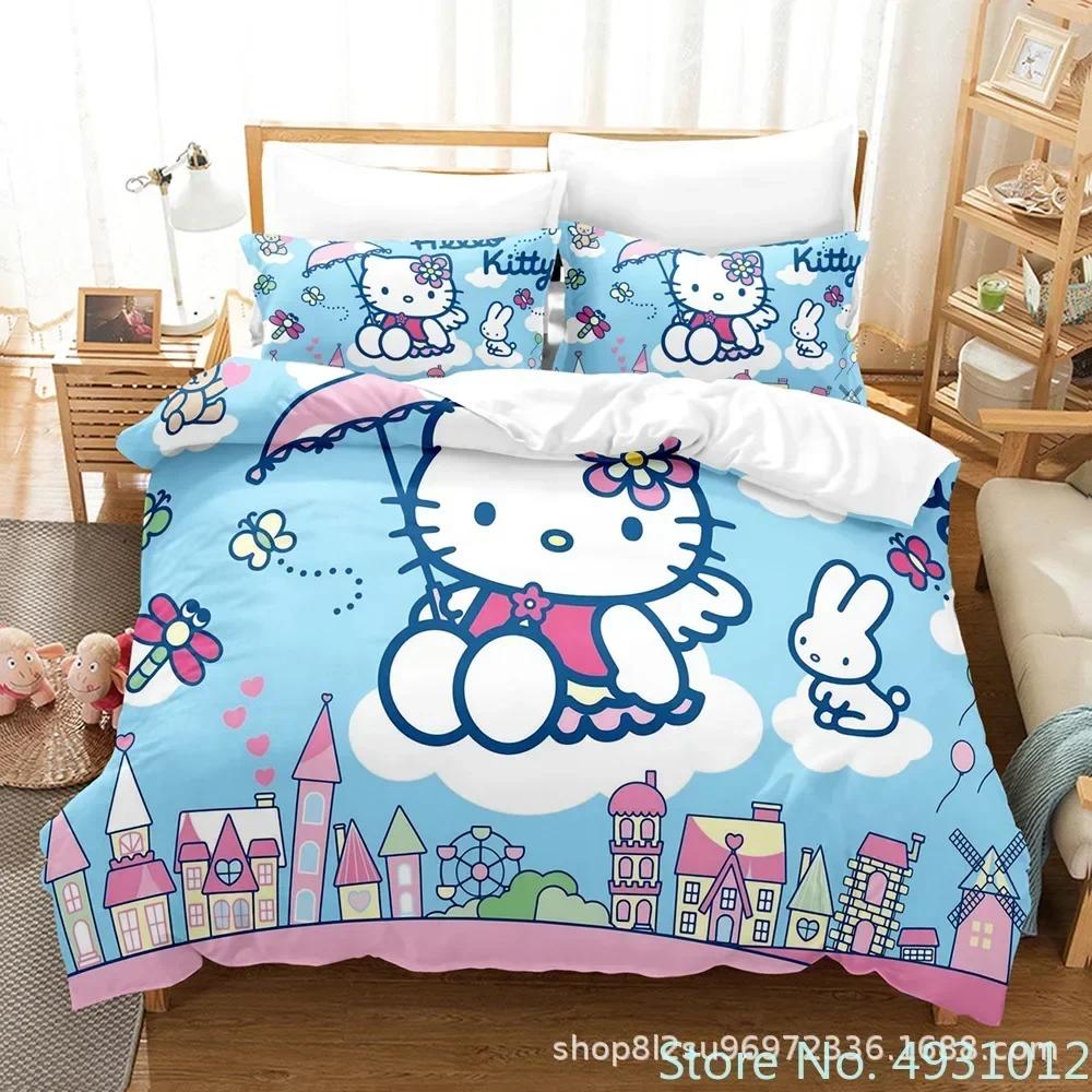 Cute Hello Kitty Colors Bedding Set Pillowcase Japanese Anime Bedclothes 3D Printed Quilt Cover Duvet Cover Baby Kids Child Gift