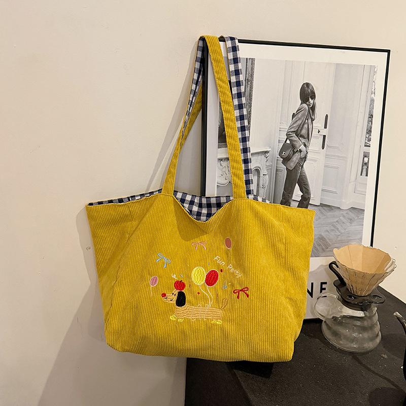 Casual Cute Embroidered Puppy Shoulder Bag Large Capacity Tote Bag Autumn and Winter New Corduroy Plaid Dual-purpose Bag Women