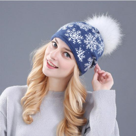 Women's Wool & Rabbit Hair Blend Snowflake Pullover Hat with 15CM Genuine Raccoon Fur Pom Pom