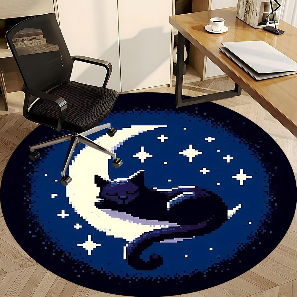 1PC Moon Cat Office Round Area Rug, Mat Suitable For Office, Under Office Chairs Bedroom Living Room Home Decor, Room Deco