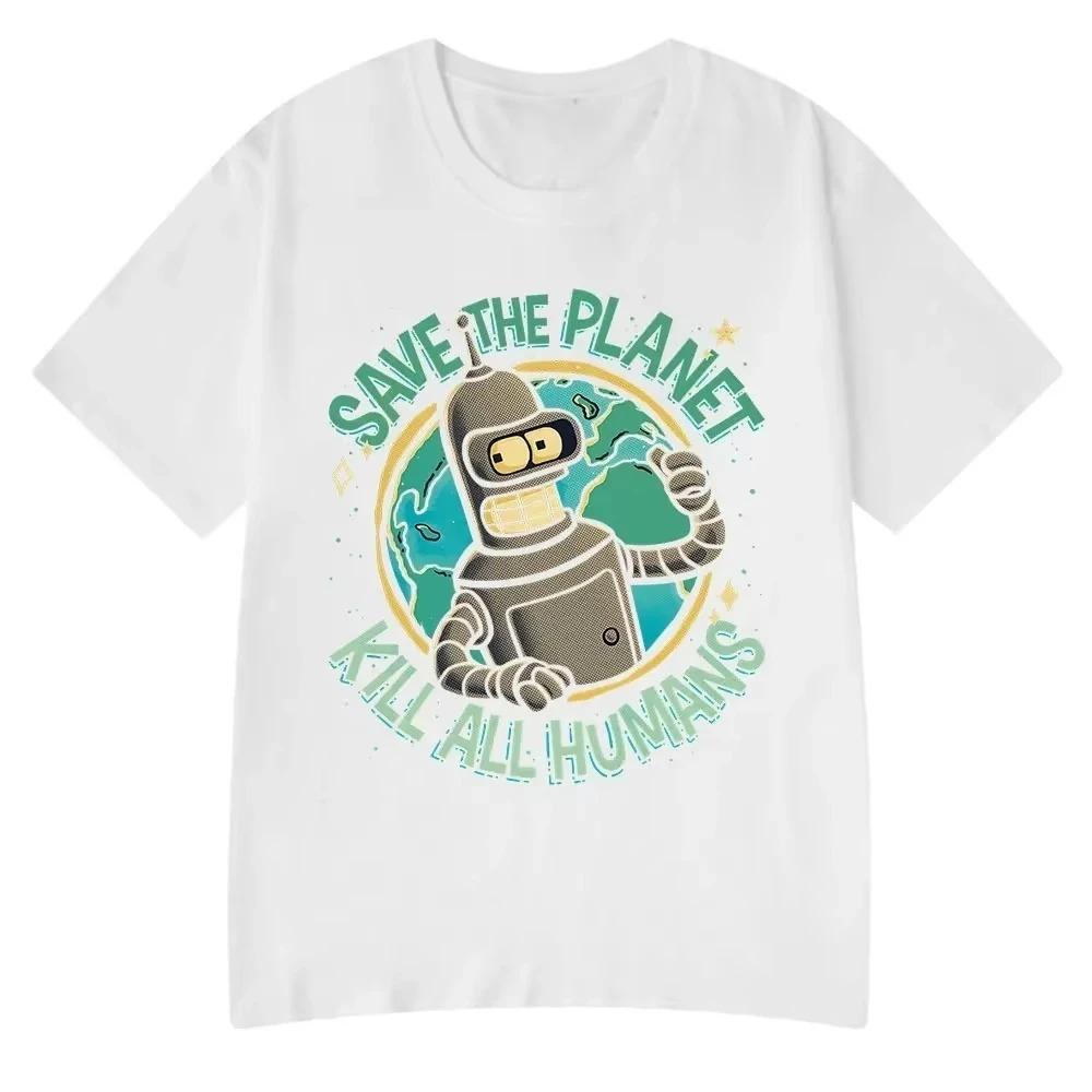 Funny Tees Save The Planet Kill All Humans Robot Graphic Print T Shirt Men Women Short Sleeve T-shirt Oversized Cotton Tops