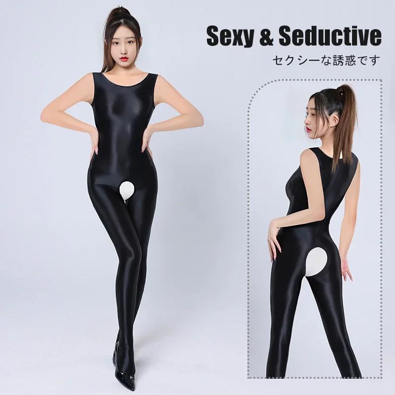 Sexy Shiny Glossy Backless Bodysuit Women'S Crotchless Sleeveless Jumpsuit Satin Smooth Tights One Piece Leotard Catsuit Ootd