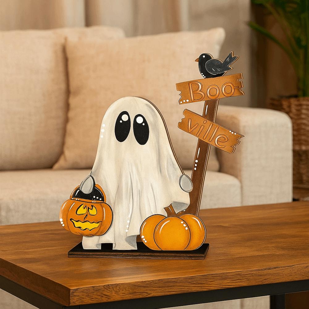 Wooden Pumpkin Ghost Ornament Ghost Pattern Handmade Halloween Pumpkin Ornament Funny Wooden Ghost Decoration Halloween Party