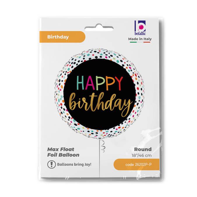 Balon Foliowy - Happy Birthday Okrągły Kropki 46 Cm