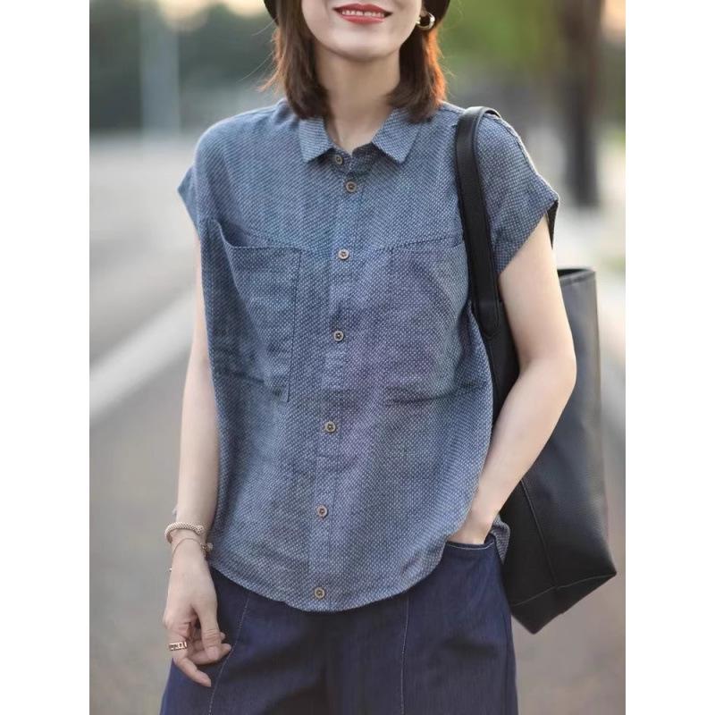 Women s Retro Slimming Plaid Linen Shirt XL синий
