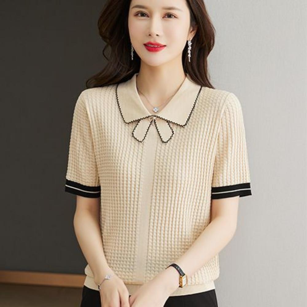 

Летняя футболка с коротким рукавом из ледяного шелка, женский тонкий топ с воротником поло, новая модная трикотажная рубашка с кукольным воротником XXXL бежевый