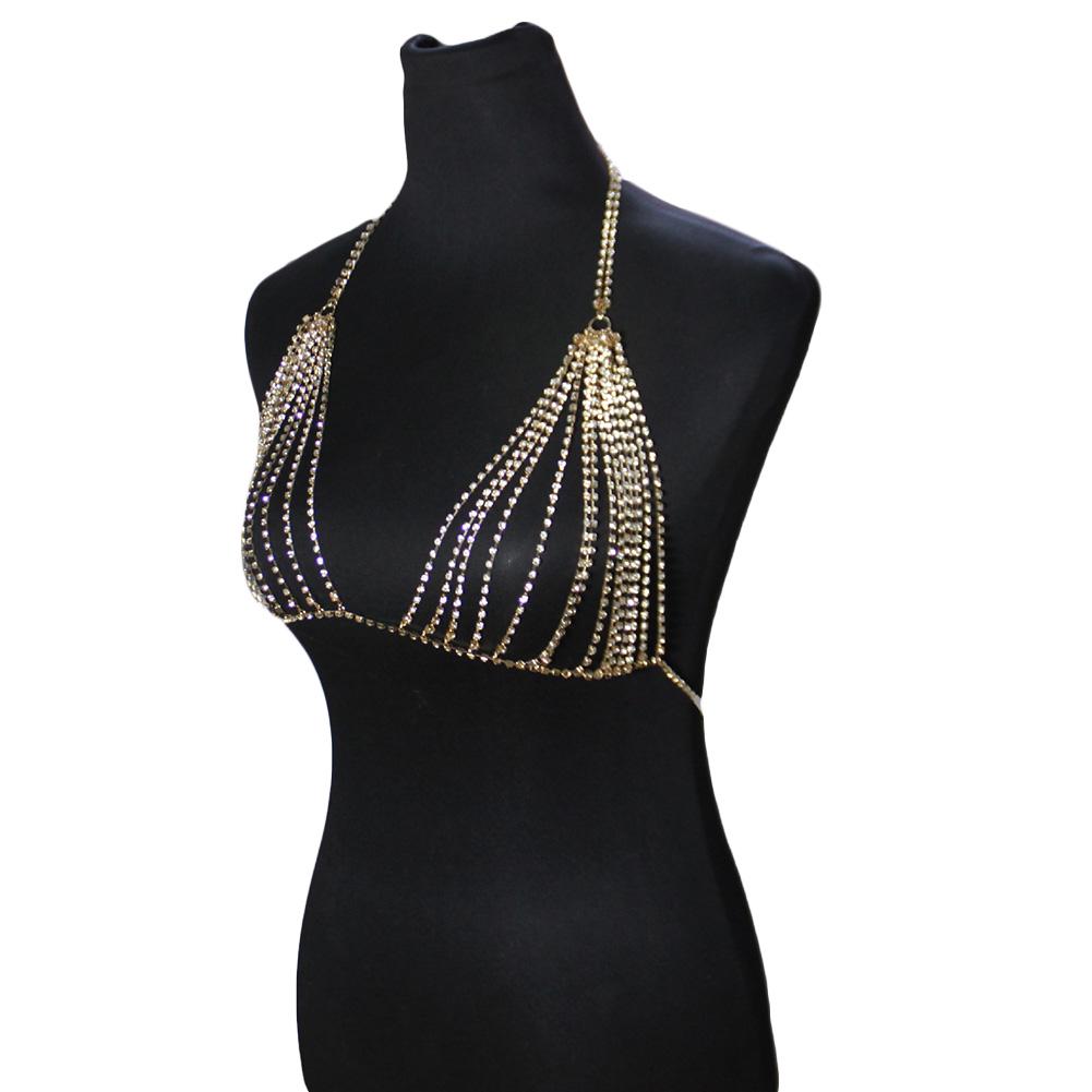Moda Feminina Retro Sexy Dourado Cristal Liga Bikini Sutiã Correntes Joias Corpo Colar