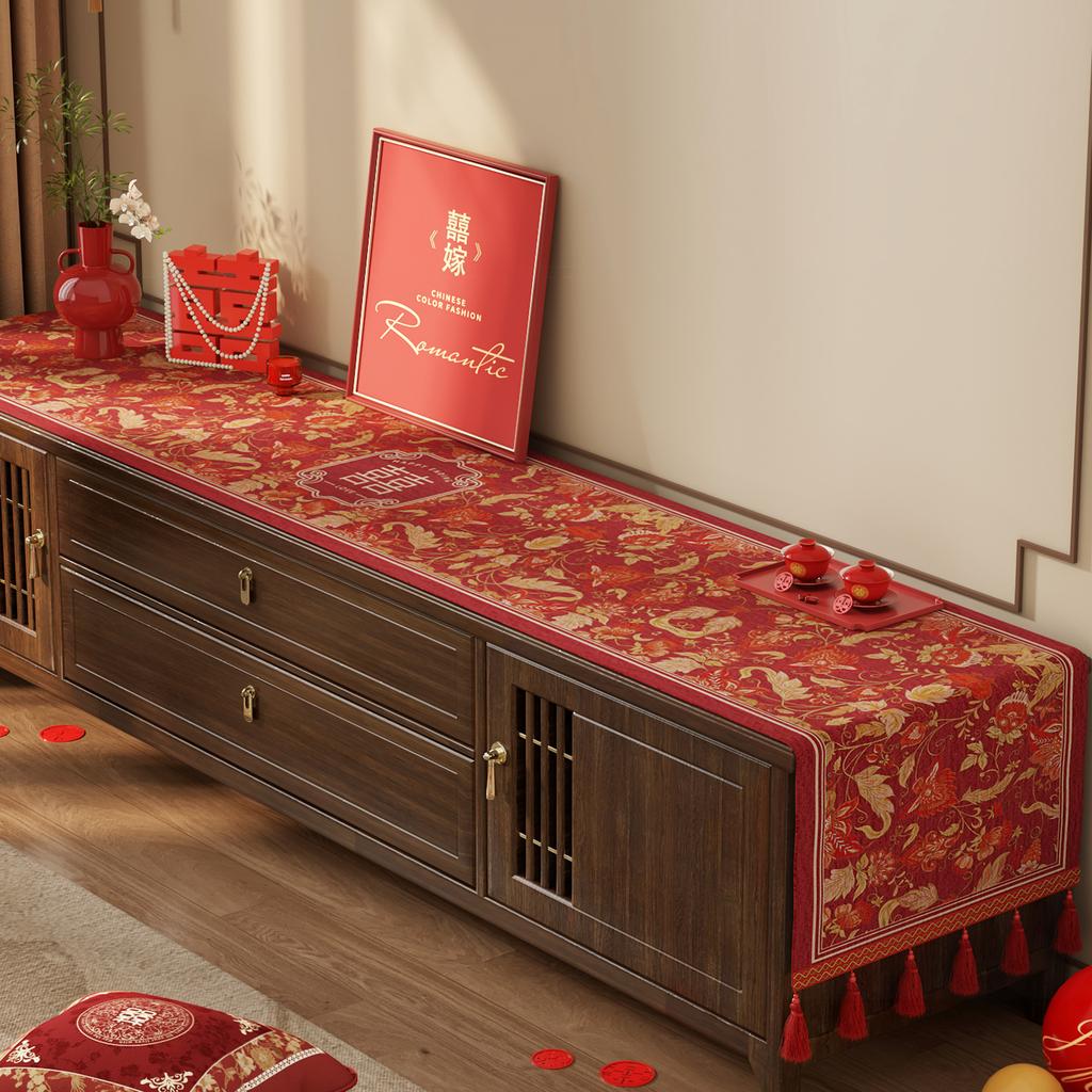 Wedding Tv Cabinet Tablecloth Light Luxury High-End Red Side Cabinet Long Strip Cover Festive Coffee Table Decorative Cloth