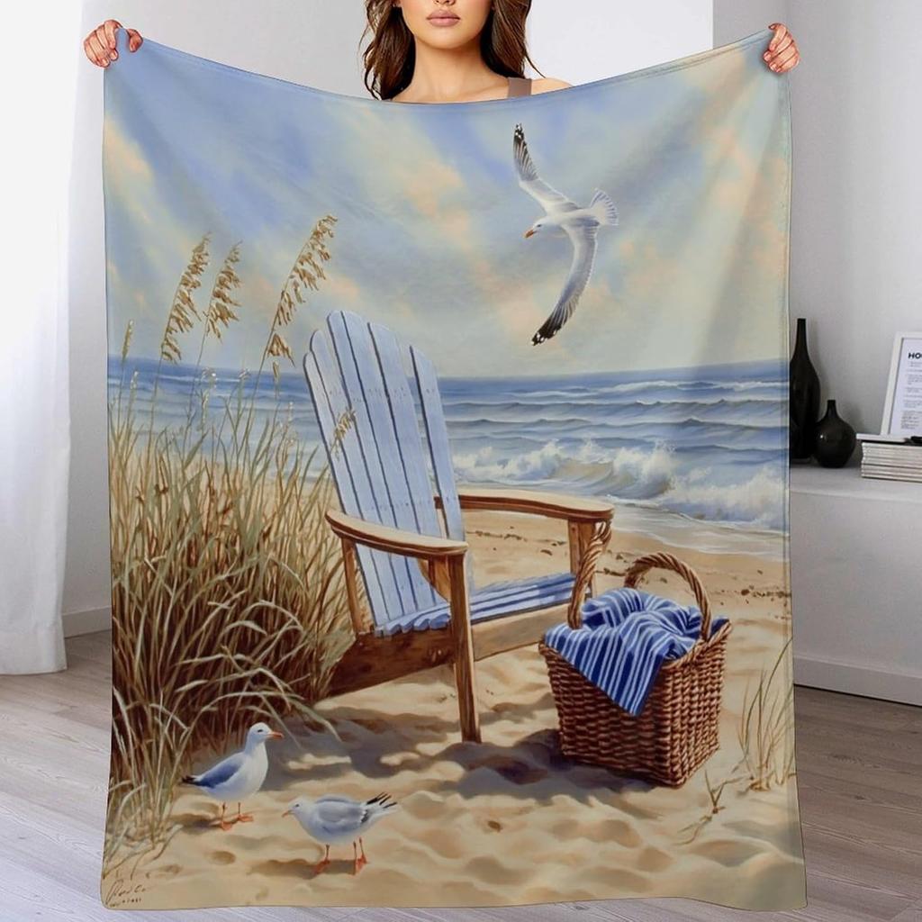 Beach Blanket Ocean View Seagull Chair Waves Coastal Decor Soft Throw Seaside Art Bedroom Textile Relaxing Home Accessory