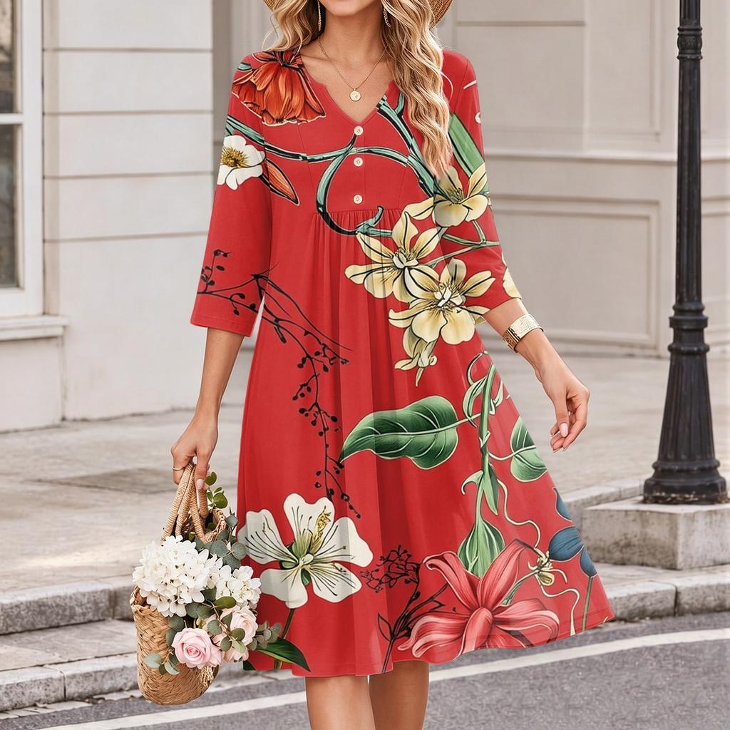 Women's Casual Floral Print V-Neck 3/4 Sleeve Dress