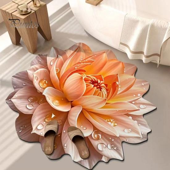 Shower Floor Mat 3D Flower Area Rug Realistic Floral Pattern Plush Absorbent Bathroom Non-Slip Soft Velvet for Living Room Bedroom Kitchen Entryway