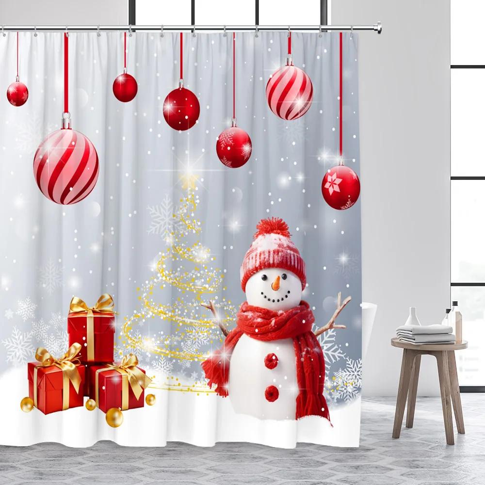 Cute Snowman Christmas Shower Curtains Blue Xmas Tree Rope Ball Gift Snowflake Winter Scenery Fabric Home Bathroom Curtain Dec