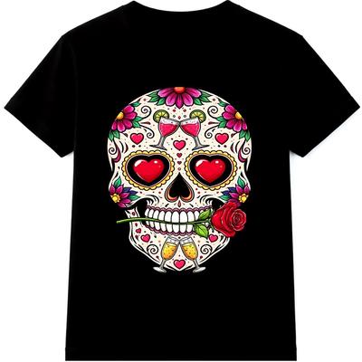 Tričko s lebkou Sugar Skull Den mrtvých Srdíčkové oči Růže Květinové tetování Grafické tričko