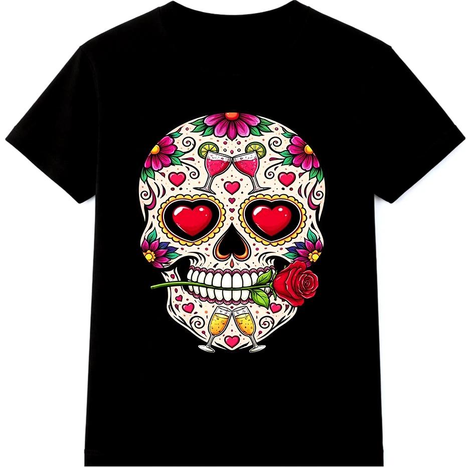 Футболка Сахарный Череп День Мертвых Глаза-Сердечки Роза Цветочная Татуировка Графическая Футболка M