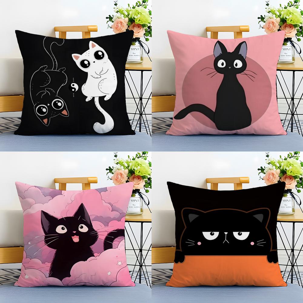 Cartoon Cat Surprise Accompanying Print Cushion Cover Linen Pillowcase Soft For Sofa Bed Home Room Decor