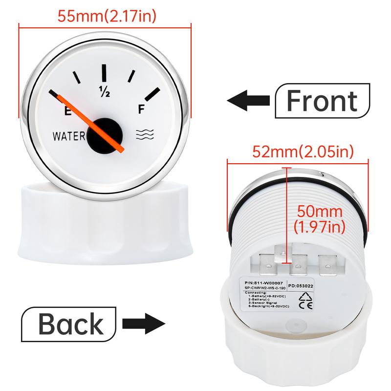 0~190ohm Car Water Level Gauge 52mm Water Level Meter Tank Indicator with 100mm-550mm Water Level Sensors for Car Boat 12V/24V