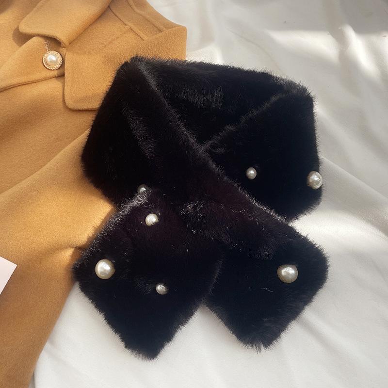 

Dongdaemun Fashionable Pearl Plush Small Scarf for Women Ins Winter Imitation Rabbit Fur Collar Thickened Neck Protector Versatile Scarf 70*15cm