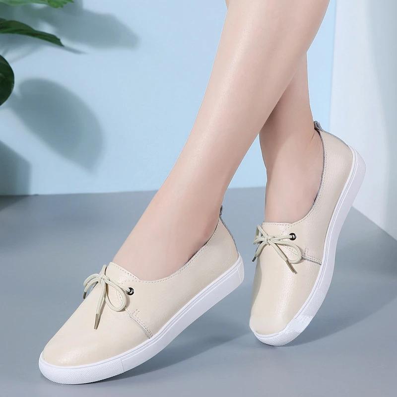  Casual Comfortable Women's Flat White Lace-up Shoes Summer Vulcanized Sneakers Ladies Light Soft Shallow Mouth Loafers