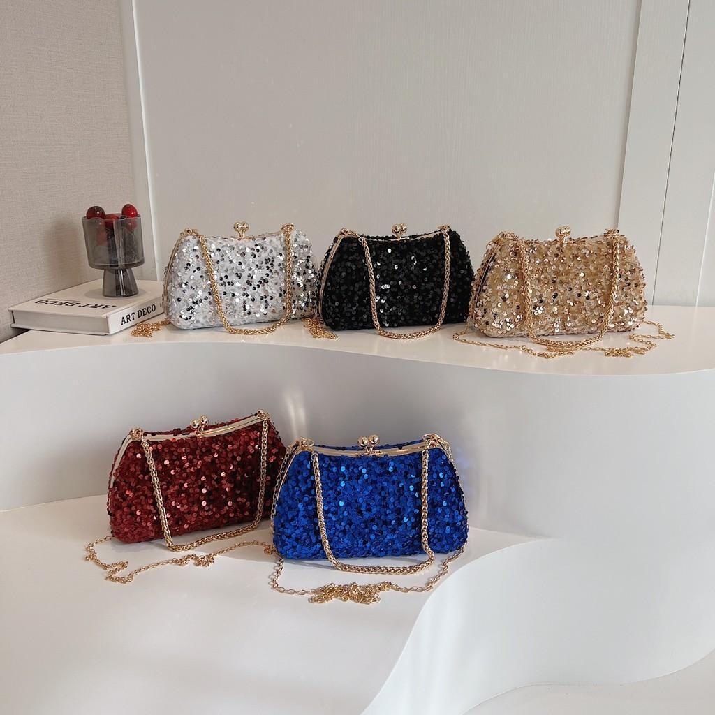 IELGY Fashion Sequined Dinner Bag, Diamond-encrusted Handbag, Solid Color Shoulder Messenger Chain Bag.