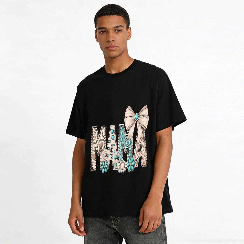 Western Turquoise Embellished MAMA Graphic Casual Top Pure Cotton T-shirt