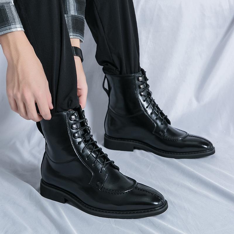 British Men's Leather Boots Pointed Business Dress Boot Lace Up High-Top Boots for Men Brand Casual Ankle Boot Botas2025