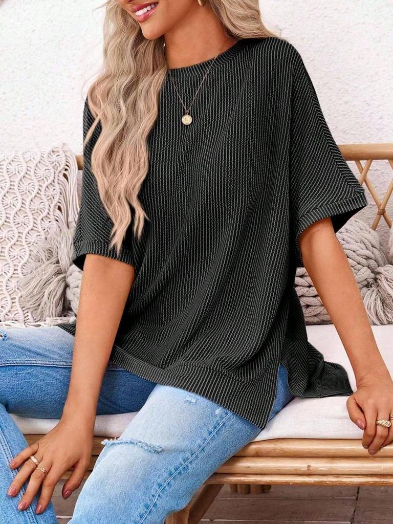 Womens Ribbed Batwing T Shirt Short Sleeve Loose Fit Summer Tunic Top
